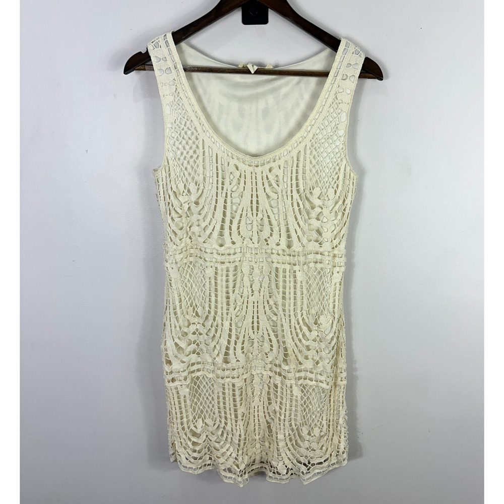 Vtg Y2K Staring At Stars Crochet‎ Lace Mini Dress 6 Ivory Whimsical Romantic